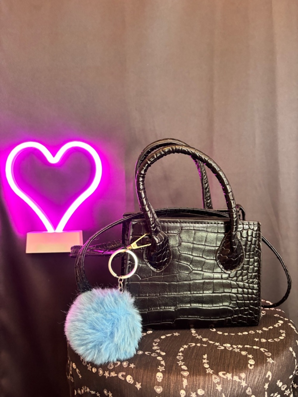 Black Croc-Embossed Women's Handbag with Blue Pom Keychain small mini classic